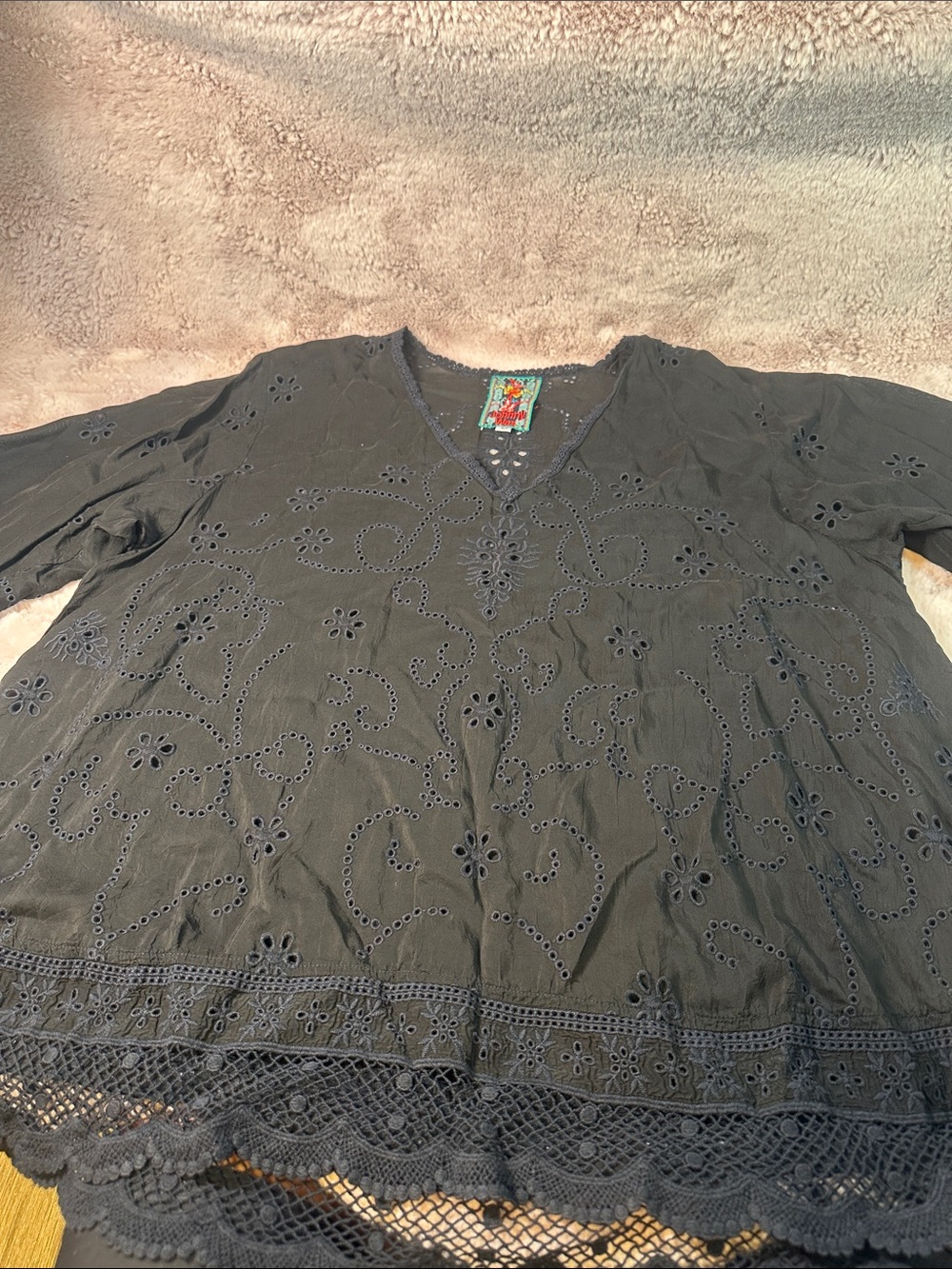 Johnny Was Black Eyelet Lace V-Neck Tunic